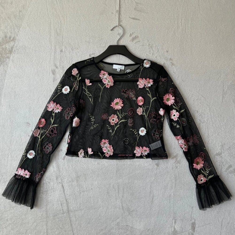 Ten Sixty Sherman XS Black Mesh Floral Embroidered‎ Sheer Top Gothic Romantic